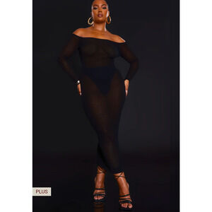 PrettyLittleThing Plus Black Sheer Knit Bardot Midi Dress Size L NWT
